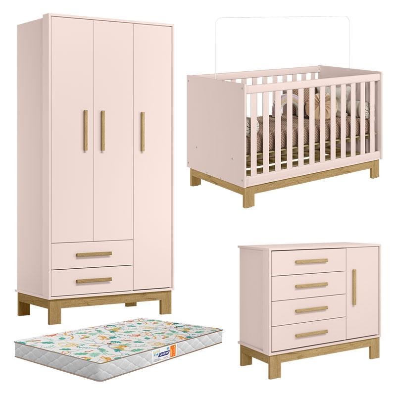 Quarto de Bebê Q Encanto Slim Rosa Acetinado com Colchão Gazin - Qmovi