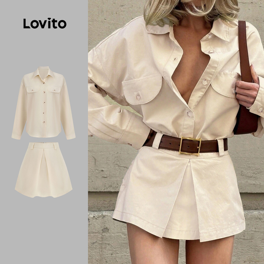 Lovito Elegante botão de bolso liso frontal falso 2 em 1 Tops ou calças para mulheres LBL23397 - Women Clothes