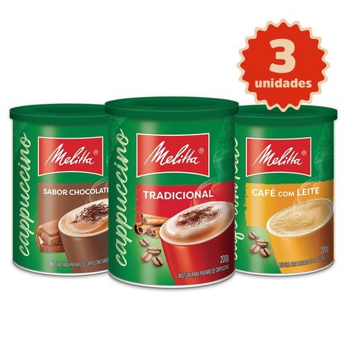 Kit 3 Cappuccinos Melitta® 200g cada Tradicional + Chocolate + Café com Leite em Oferta na Shopee