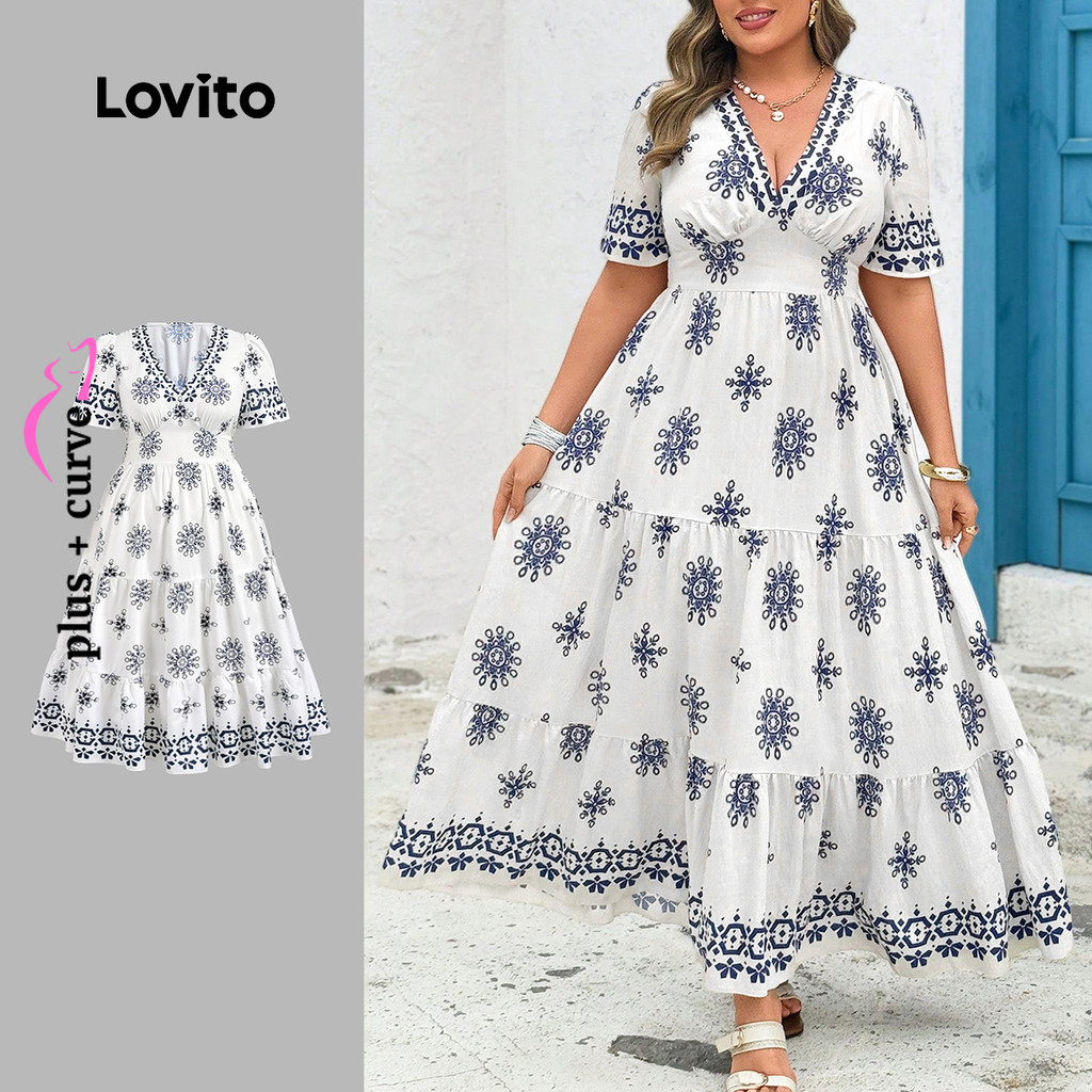 Lovito Vestido Plus Size curva Boho com estampa Tribal para mulheres LBL24308 - Women Clothes