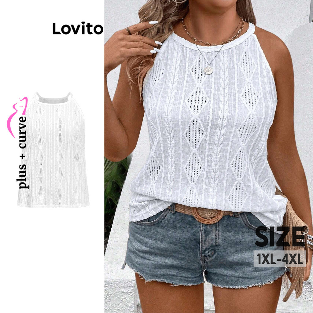 Lovito Plus Size Curve Top Casual Simples Jacquard Regata Para Mulheres LBL16541 - Women Clothes