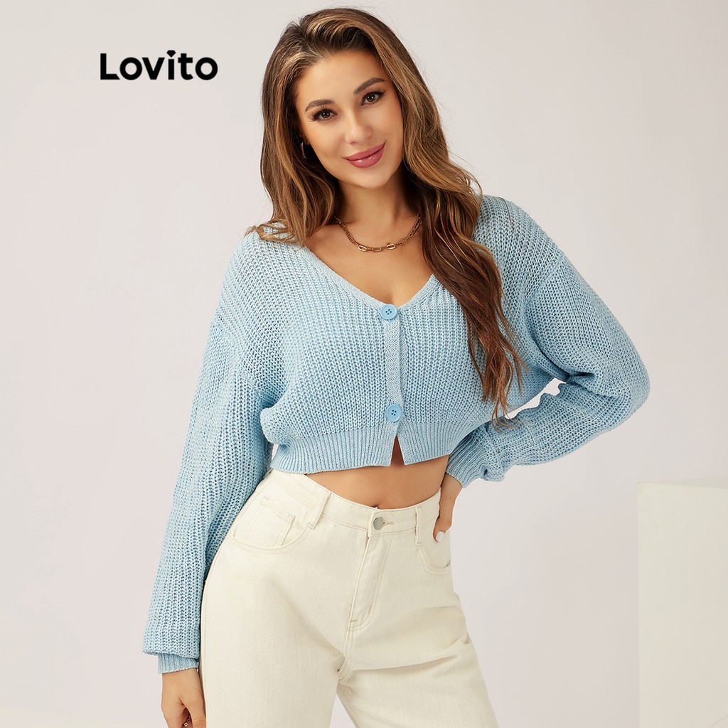 Lovito Cardigans Casuais Lisos Com Decote Em V Manga Comprida Botão Suéter Cardigã Para Mulheres L21LT110 (Azul Claro) - Women Clothes