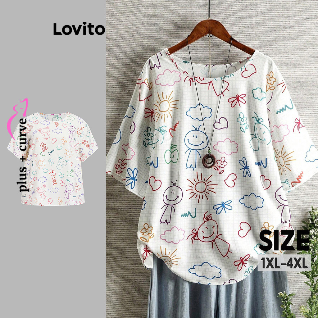 Lovito Blusa básica com estampa de figura casual para mulheres LBL19338 - Women Clothes