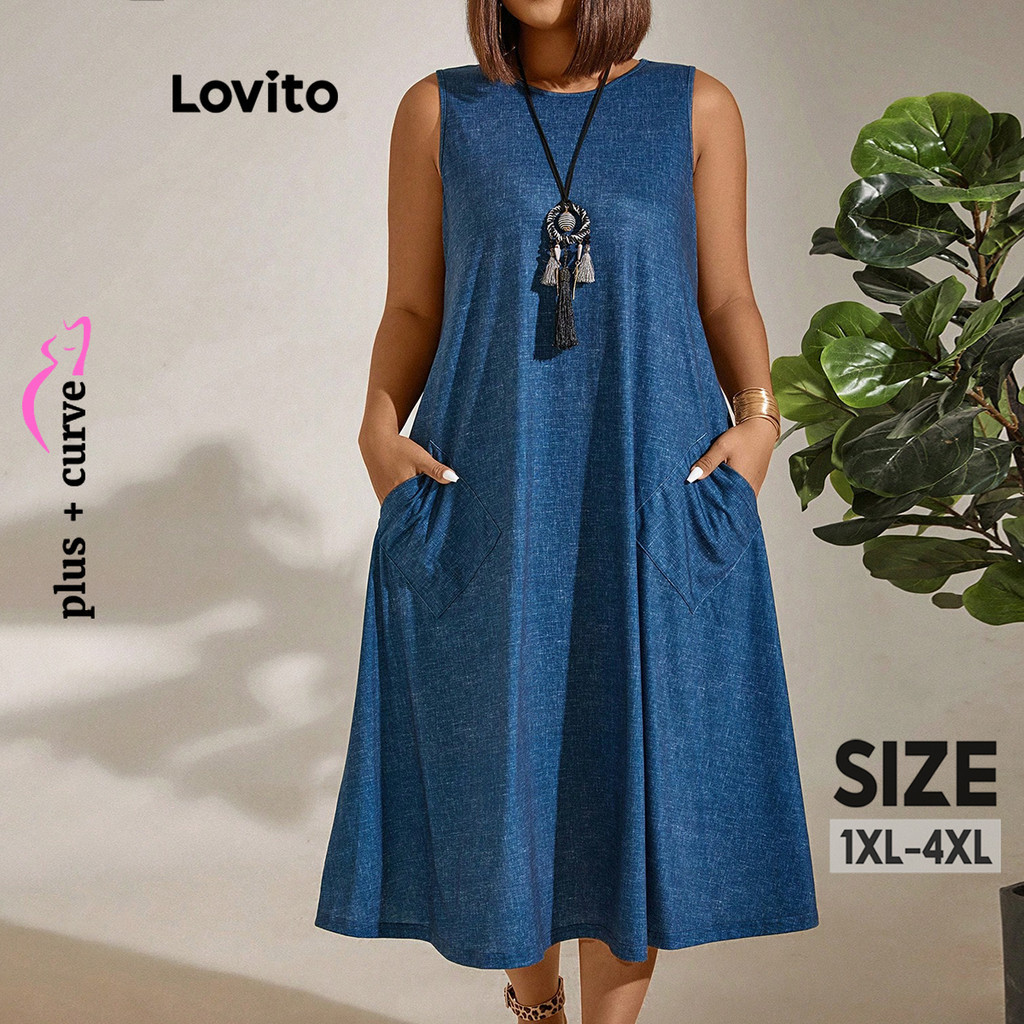Lovito Vestido Casual Curva Plus Size Com Bolso Vestido De Verão/Primavera Para Mulheres LNL75167 - Women Clothes