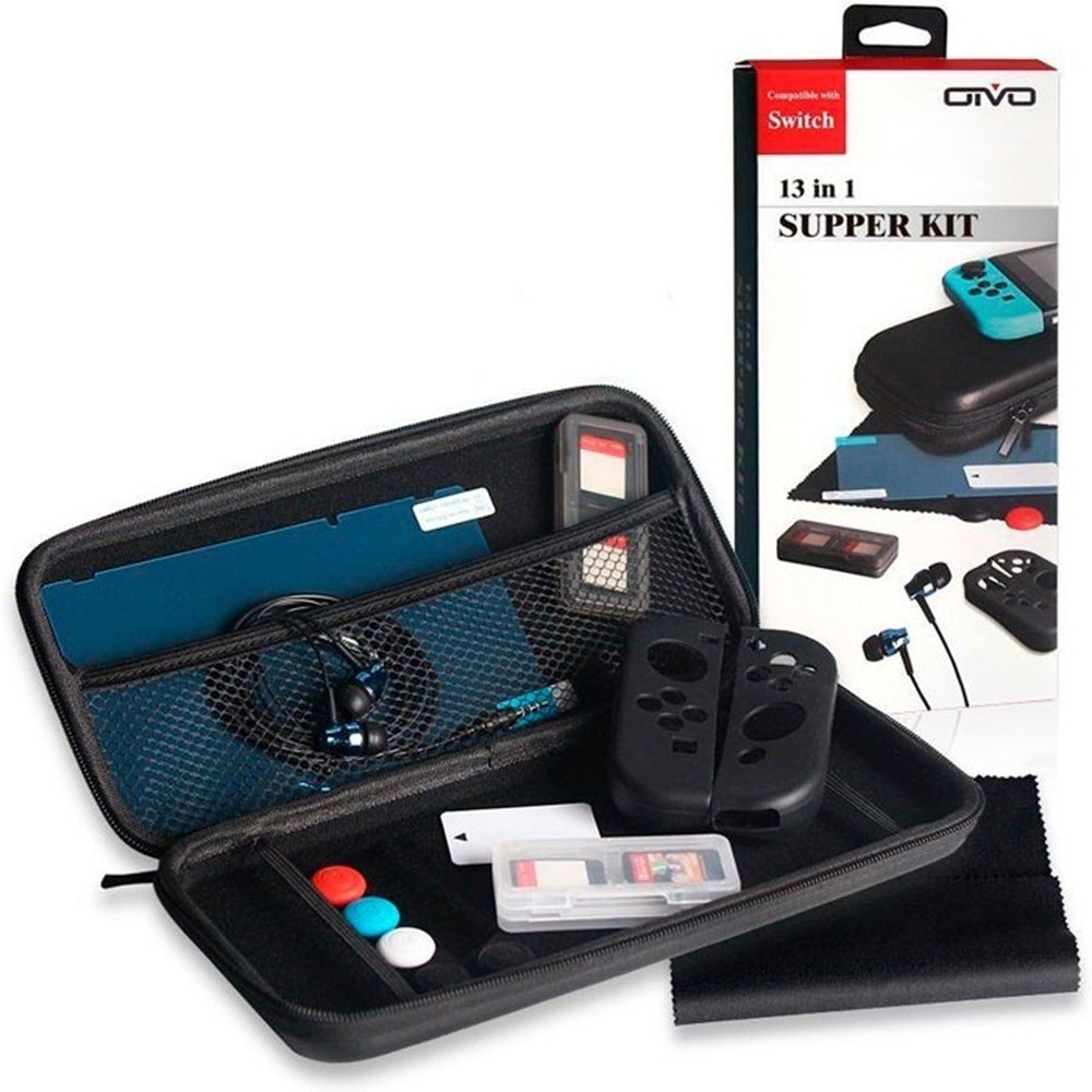 Kit 13 Em 1 Acessórios Diversos Compatível Nintendo Switch Fone Estojo Película Vidro Case 4 Grips