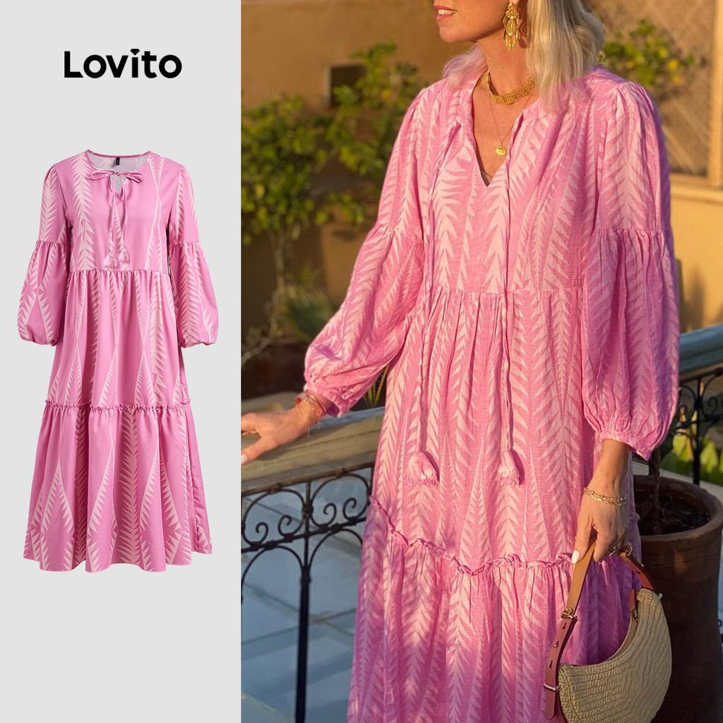 Lovito Vestido Boho geométrico com cadarço em camadas para mulheres LBL23664 - Women Clothes