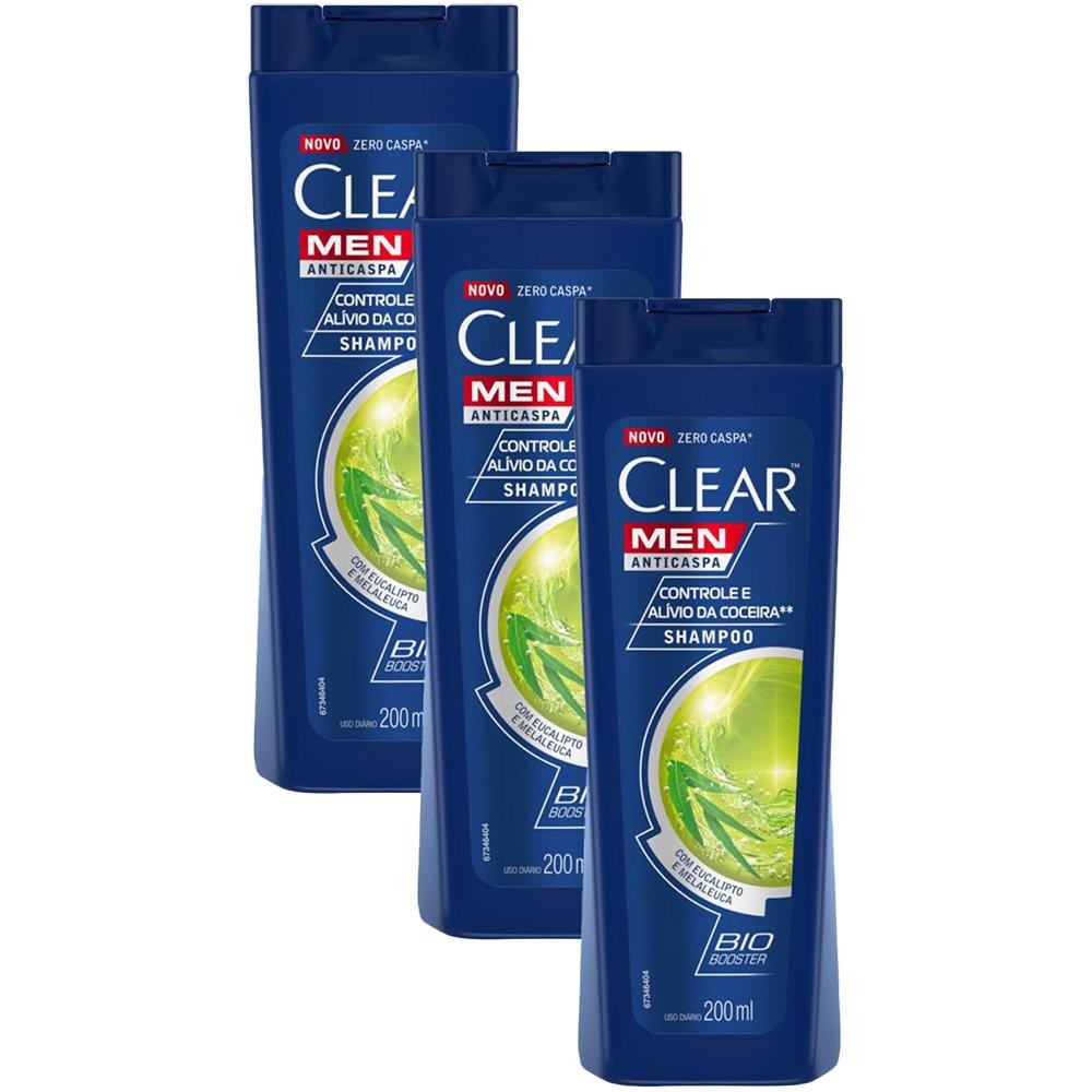 Kit 3 Shampoo Clear Men Anticaspa Controle e Alivio da Coceira 200ml