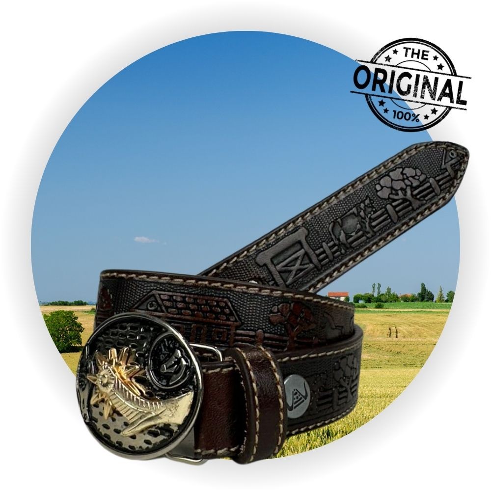 Cinto Infantil Pyramid Country Tradicional Couro Marrom Fivela Prata Com Detalhe De Espora Dourada Correia De Fazenda
