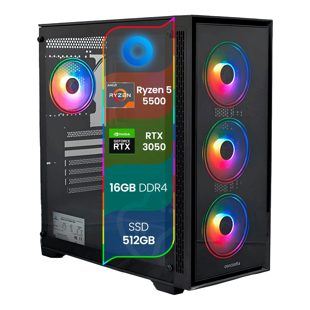 PC Gamer TOP Concórdia Processador Ryzen 5 5500 16GB SSD 512GB Placa 3050 Fonte 