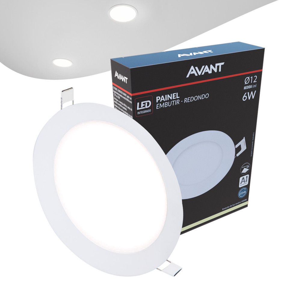 Painel Plafon Led Alu 6w 6500k Emb. Redondo 110v/220v 12cm Avant