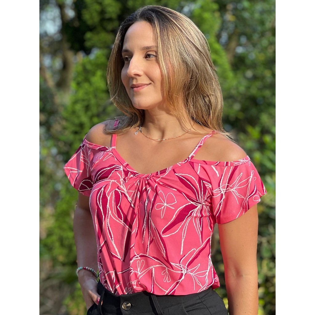 Blusa Feminina Estampada Ombro Nu Com Alça Fina Tecido Fresco Verão 2025