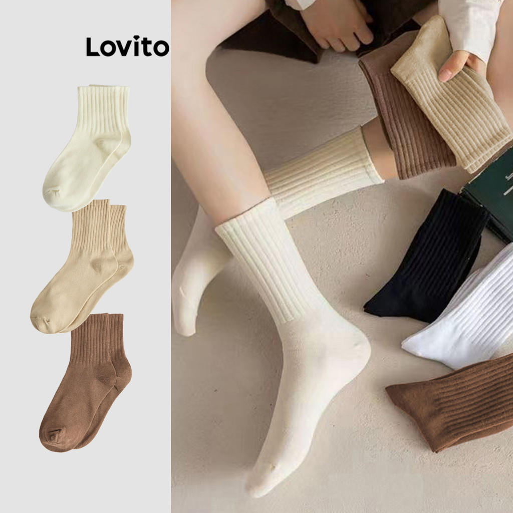 Lovito Meias Femininas Casuais Simples E Macias Que Absorvem A Umidade L8LD087 (Branco/Esbranquiçado/Caqui/Marrom/Preto) - Women Clothes