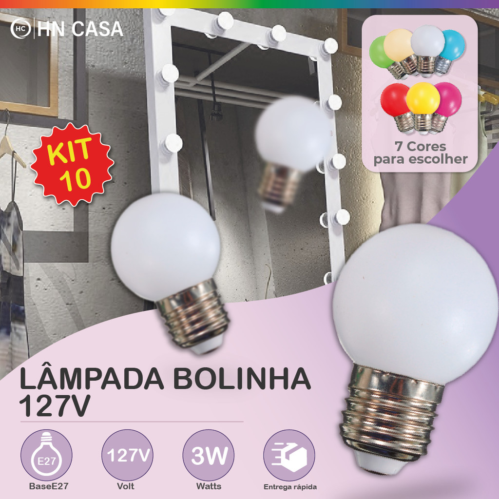 Kit 10 Lâmpada Bolinha Mini Bulbo Colorido LED 3W G45 E27 Com opção de 7 cores | 127V em Oferta na Shopee