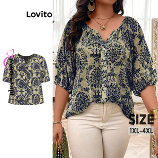 Lovito Blusa feminina plus size Boho Paisley com botão geométrico frontal LBL15195 em Oferta na Shopee