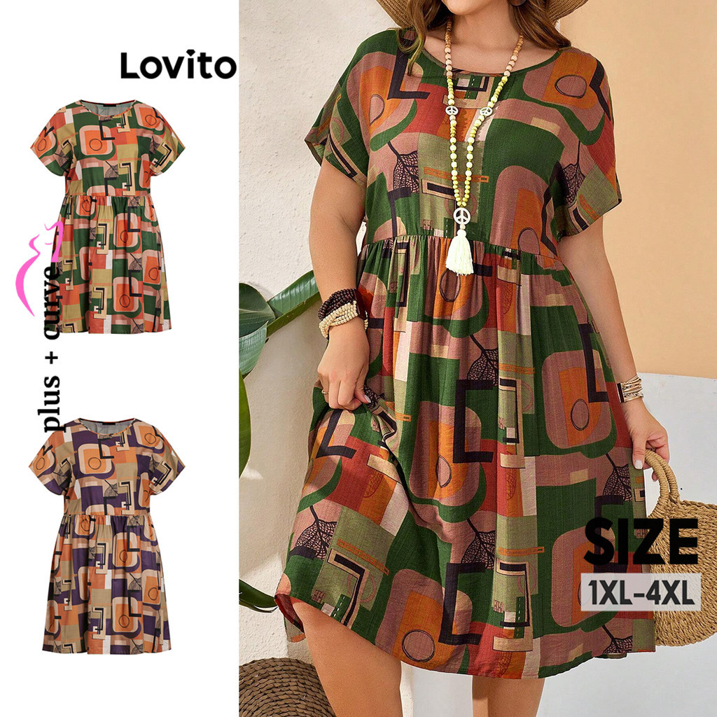 Lovito Vestido Curva Plus Size Casual Vestido Geométrico Franzido Para Mulheres LBL16480 (Multicolorido) - Women Clothes