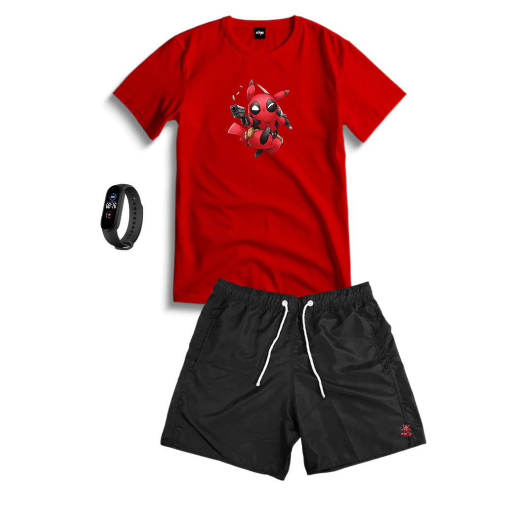Conjunto Kit Masculino DEADCHU Camisa 100% Algodão + Bermuda Tactel Estampada + Relogio Digital