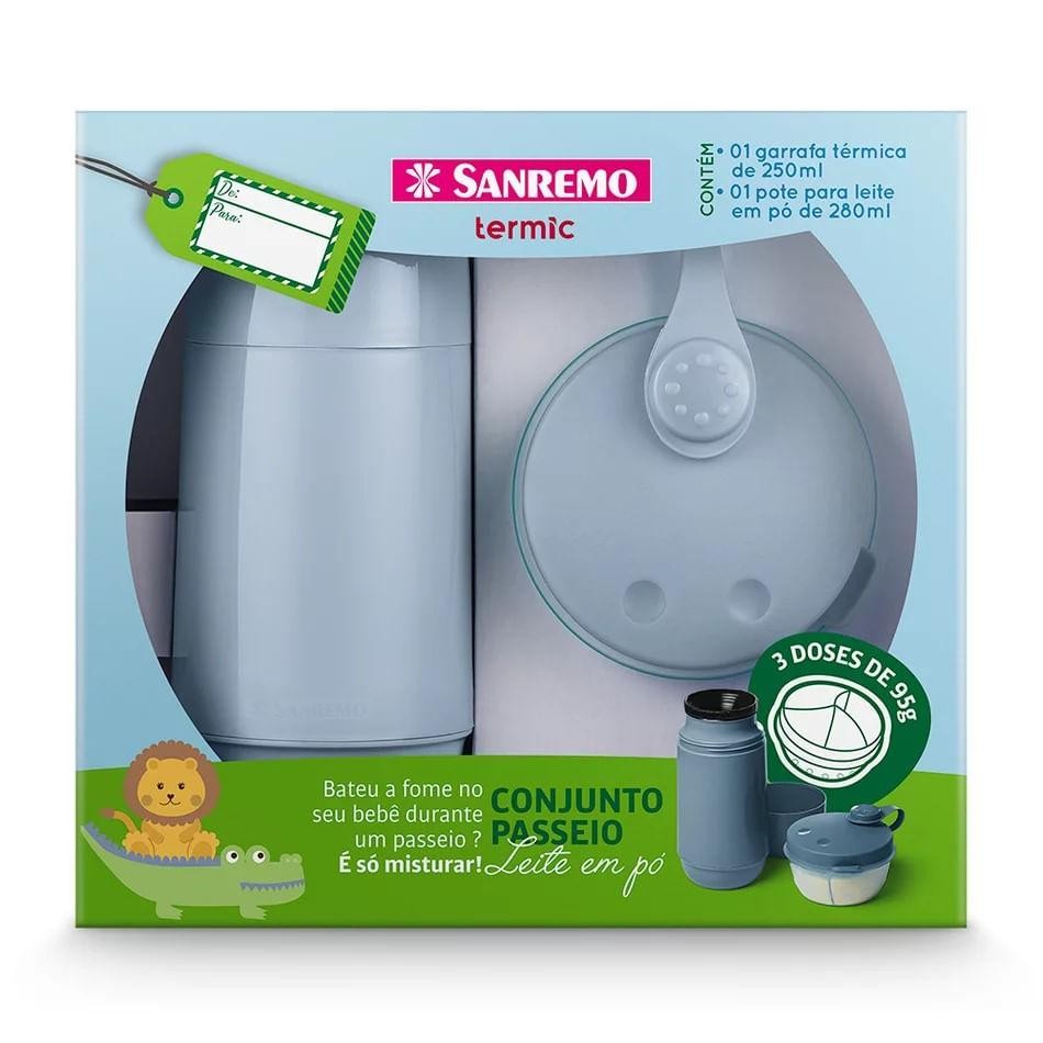 Kit Garrafa 250ML e Pote para Leite em Pó Azul Sanremo em Oferta na Shopee