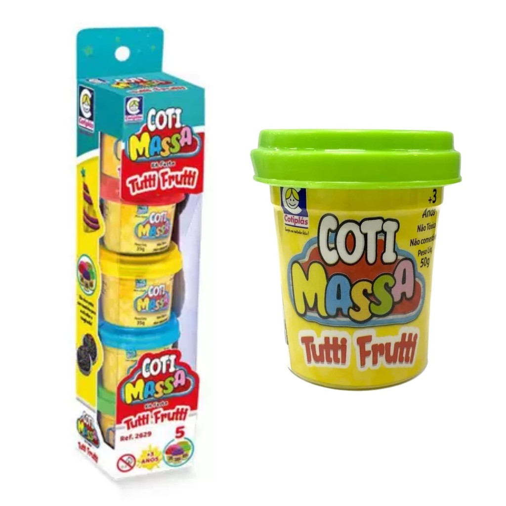 Brinquedo Massinha Coti Massa Tutti Frutti Kit Festa com 5 Potes com Molde na Tampa Cotiplás - 2629 em Oferta na Shopee