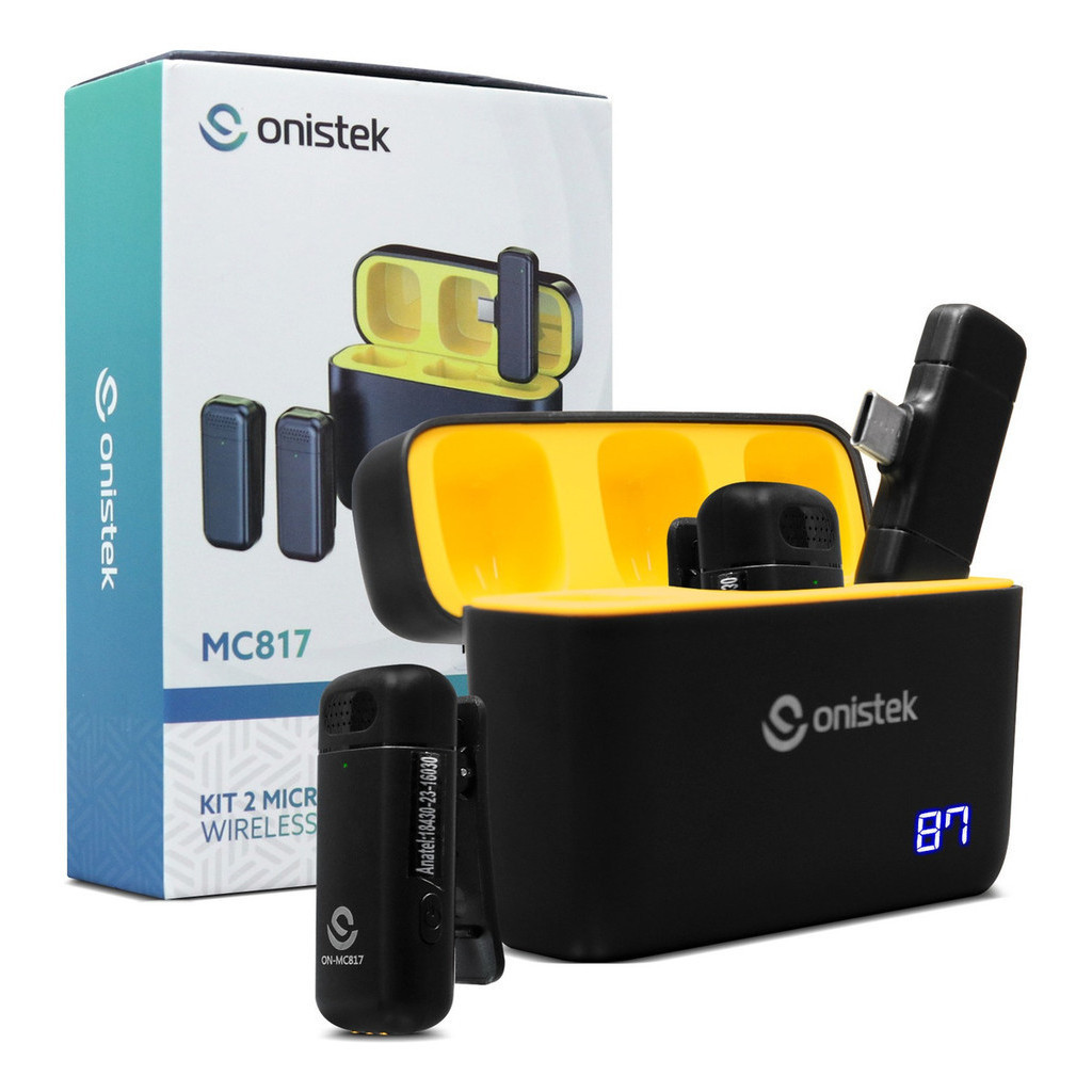 Kit 2 Microfone Sem Fio Lapela Profissional Case Bateria ONISTEK MC-817 USB-C