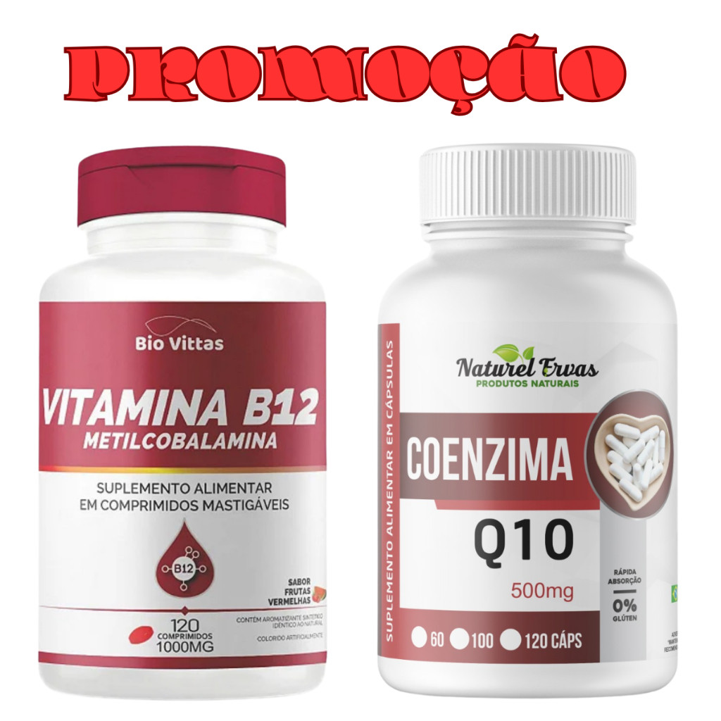 KIT 2X = 01 Pote de Vitamina B12 Metilcobalamina 120 comp 1000mg + 01 Pote de Coenzima Q10 120 cps - 500mg