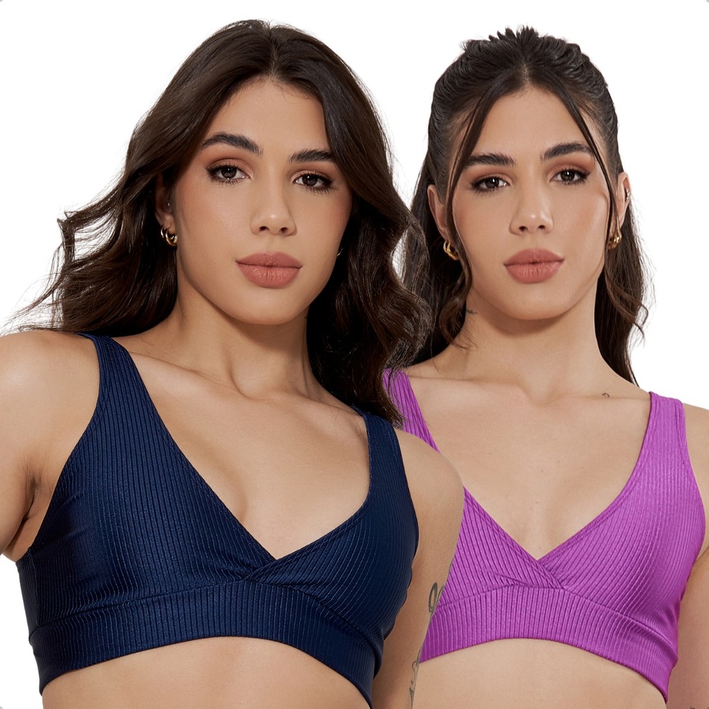 Kit 2 Top Academia Feminino Fitness Cropped Topper Abertura Bojo Removível Microfibra Cane...