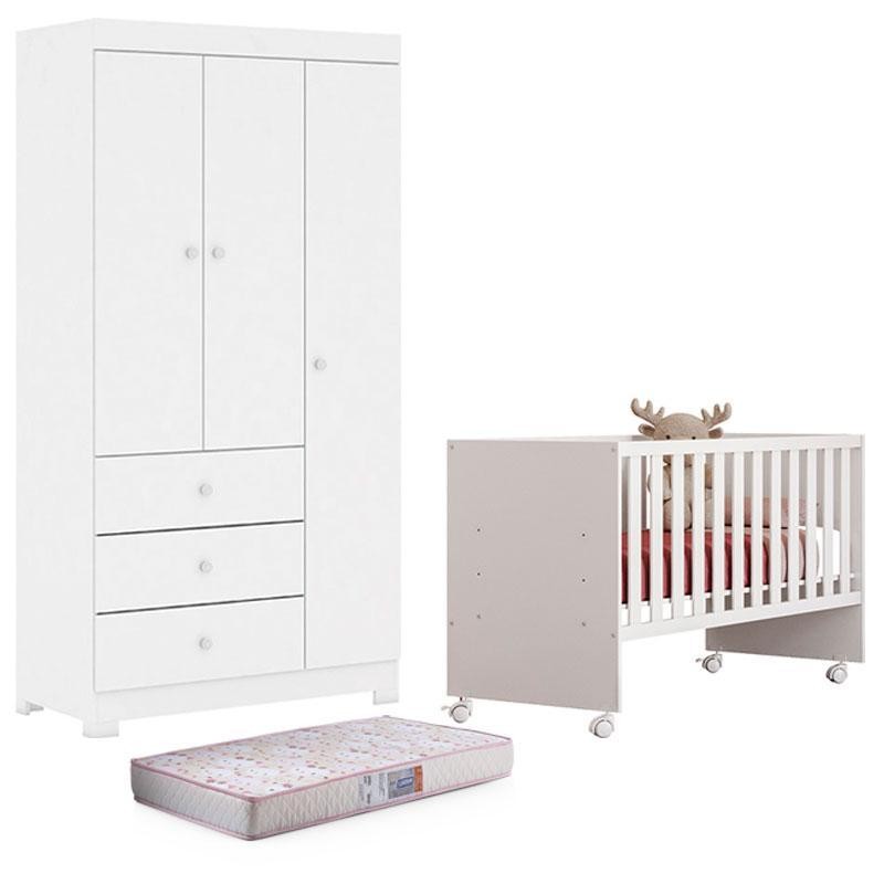 Berço Nacional Doce Sonho 3540 e Guarda Roupa Duda 3 Portas Branco Brilho com Colchão Gazin – Phoenix Baby