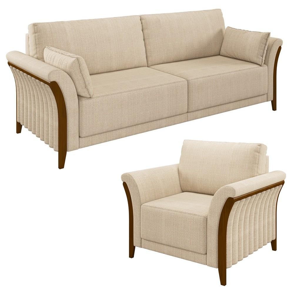 Kit Sofá Living 3 Lugares e Poltrona 102cm Pés Madeira Roya M22 Linho Champanhe - Mpozenato em Oferta na Shopee