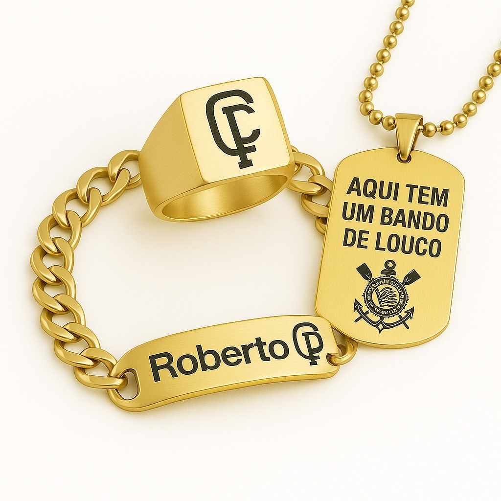 anel corinthians kit anel simbolo CP + corrente 60cm + pulseira + gravação nome