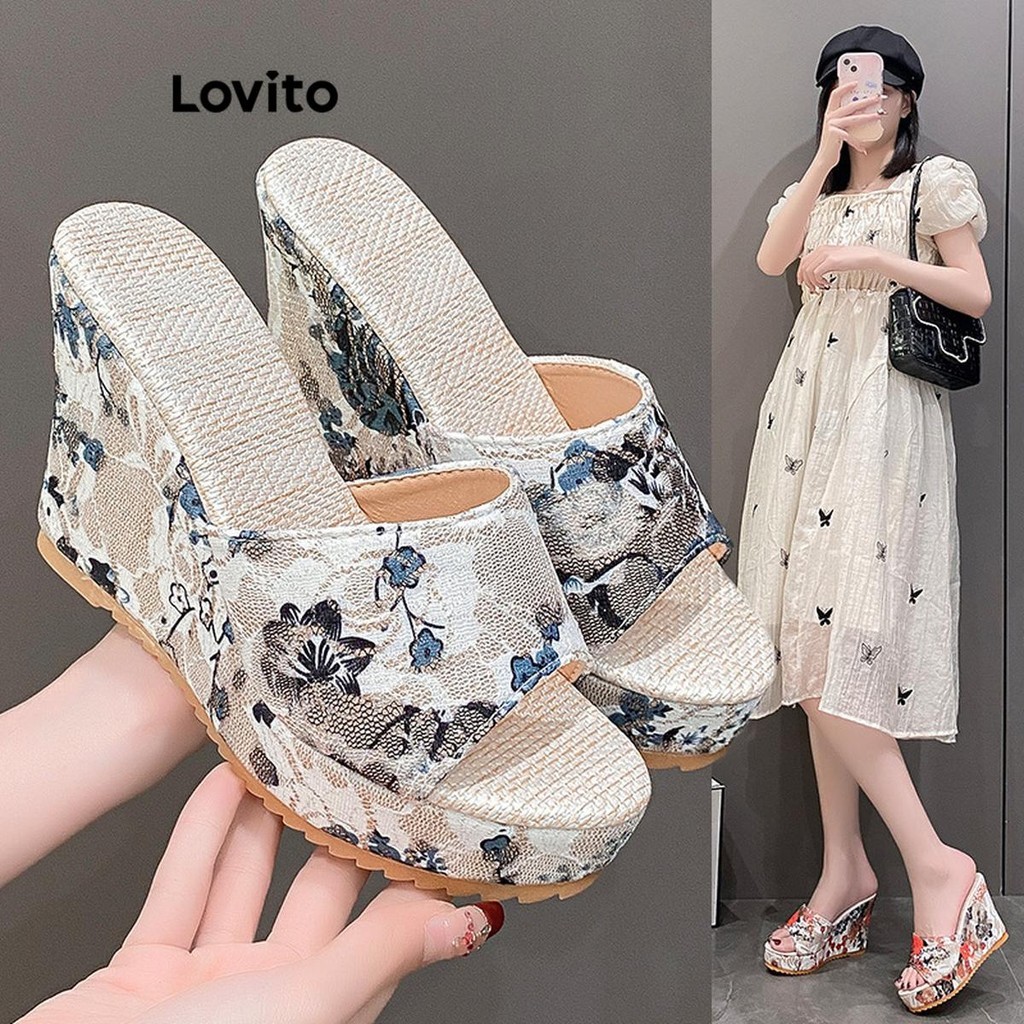 Lovito Salto Elegante Simples Flores Tropicais Cunha Estilo Exótico Salto De Viagem De Férias Para Mulheres LFA60471 - Women Shoes