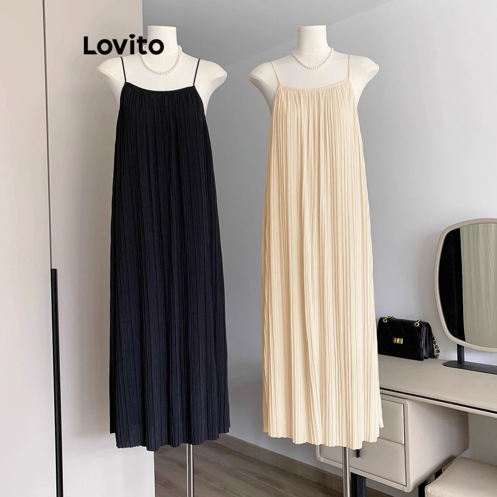 Lovito Casual Vestido Feminino Liso Franzido LNE27240 (Damasco/Preto)