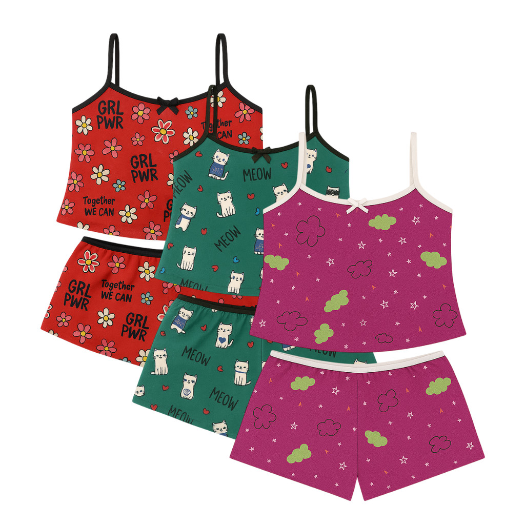 Kit 3 Pijamas Infantil Baby Doll Estampado com Short Doll Conjunto Micro Roupa de Dormir Confortavel