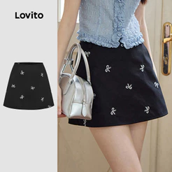 Lovito Preta Casual Saias Femininas Com Laço Saias Básicas De Verão/primavera L133AD475