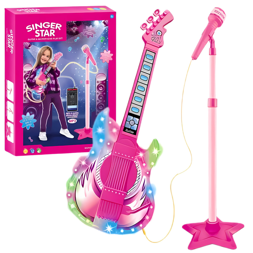 Guitarra Musical Infantil Rosa Com Microfone E Luz Castela - Mom & Baby