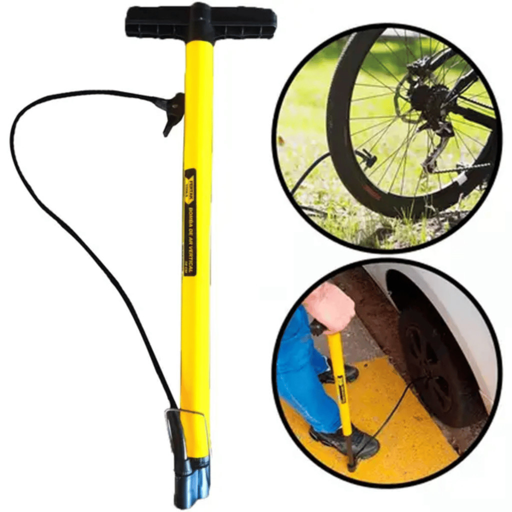 Bomba Encher Pneu Bicicleta Moto Bola Leve E Resistente Cor Amarelo Eficiência