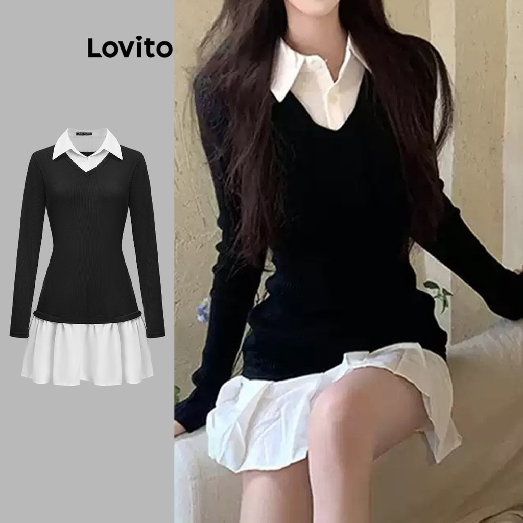 Lovito Vestido casual de tecido liso com costura para mulheres L110AD1466