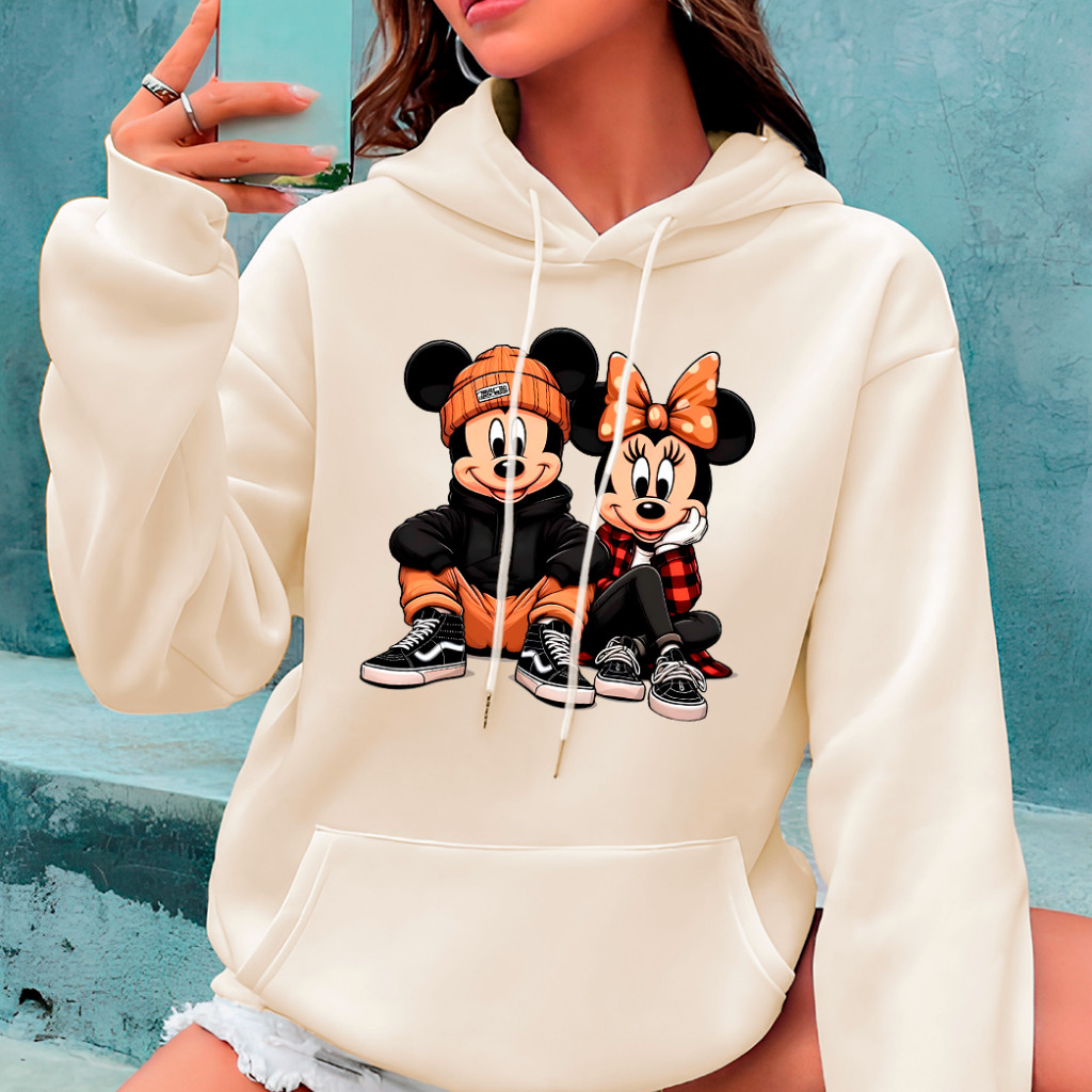 Moletom Mickey e Minnie Casal Desenho Animado Blusa de Frio Canguru Unissex