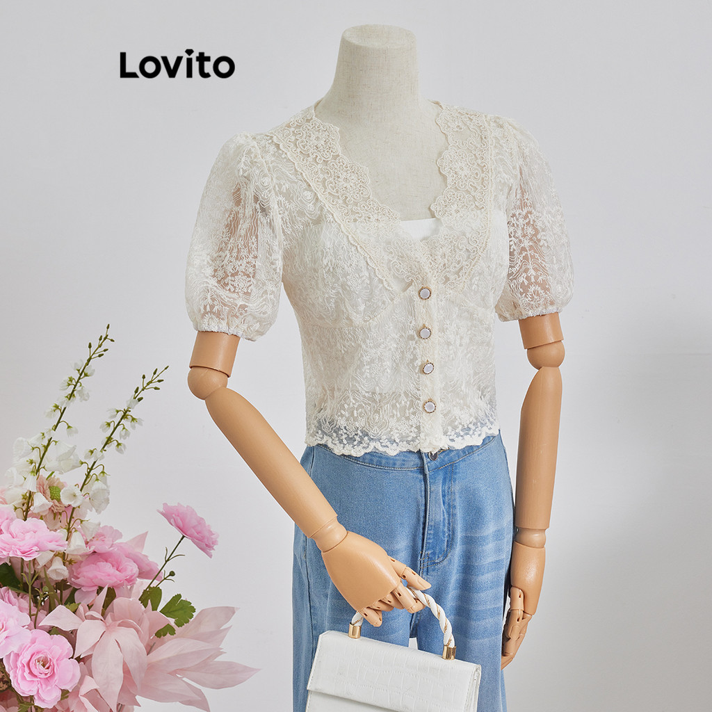 Detalhes do trendy2-Lovito Blusa Casual Com Botão Liso E Renda Contrastante Para Mulheres L90AD067