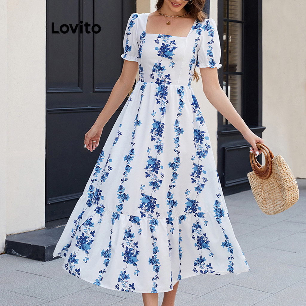 (KOL‘s pick) Lovito Vestido Boho Floral com babados e bainha para mulheres LBL19820 em Oferta na Shopee