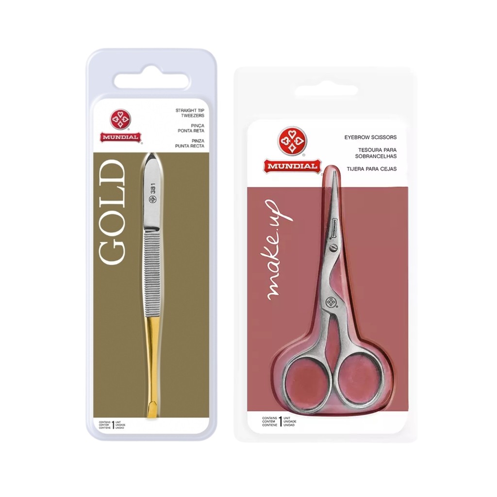 Kit Tesoura BC701 E Pinça Gold 381P Sobrancelha Aço Mundial
