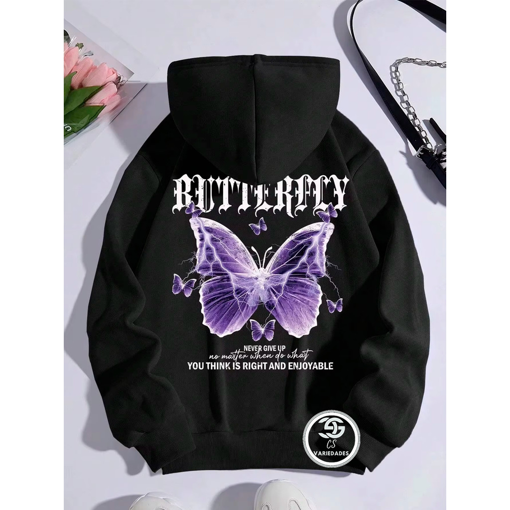 Moletom borboleta roxa casaco feminino com bolso e capuz casual hoodie outono casaco feminino streetwear em Oferta na Shopee