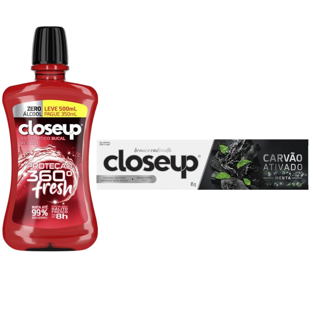 Kit Enxaguante Bucal Closeup Red Hot Proteção 360° Fresh Zero Álcool 500ml e Creme Dental CLOSEUP Carvão Ativado 85g - Health