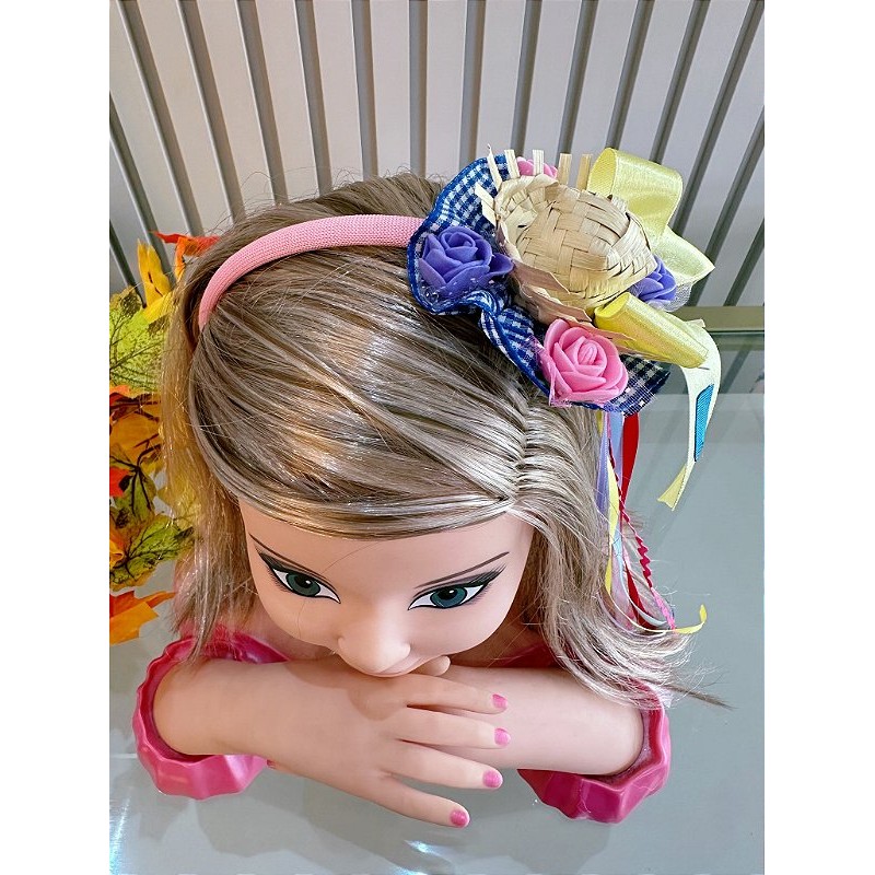 Tiara Infantil Junina com Florzinhas e Fitas de Cetim Coloridas | Acessório para Festa Junina