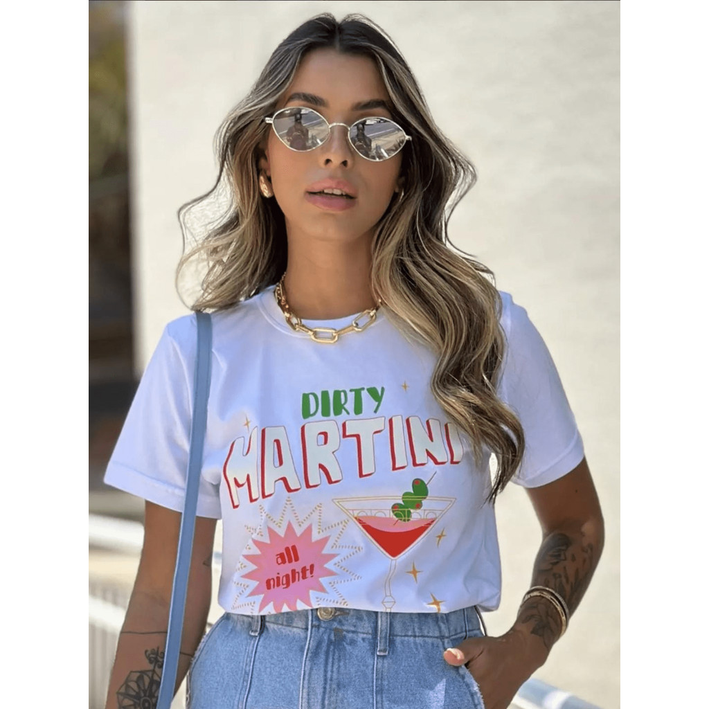 Camiseta Feminina DIRTY MARTINI Blusa 100% Algodão Gola Redonda Canelada
