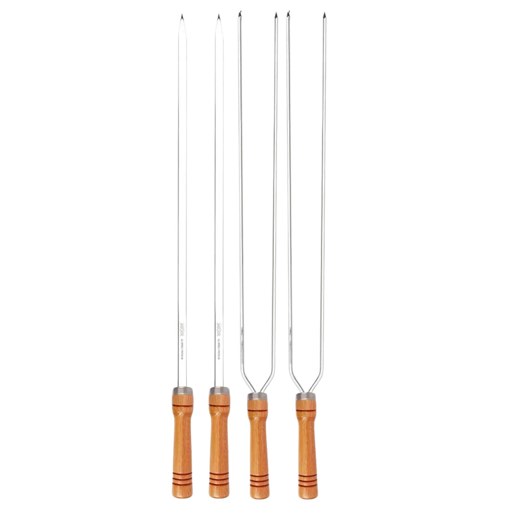 Kit 4 Espetos 75cm Preparo Churrasco Simples e Duplo Cabo Madeira Aço Cromado Mor em Oferta na Shopee
