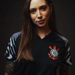 Camisa Corinthians SCCP Lines Preta Feminina Oficial