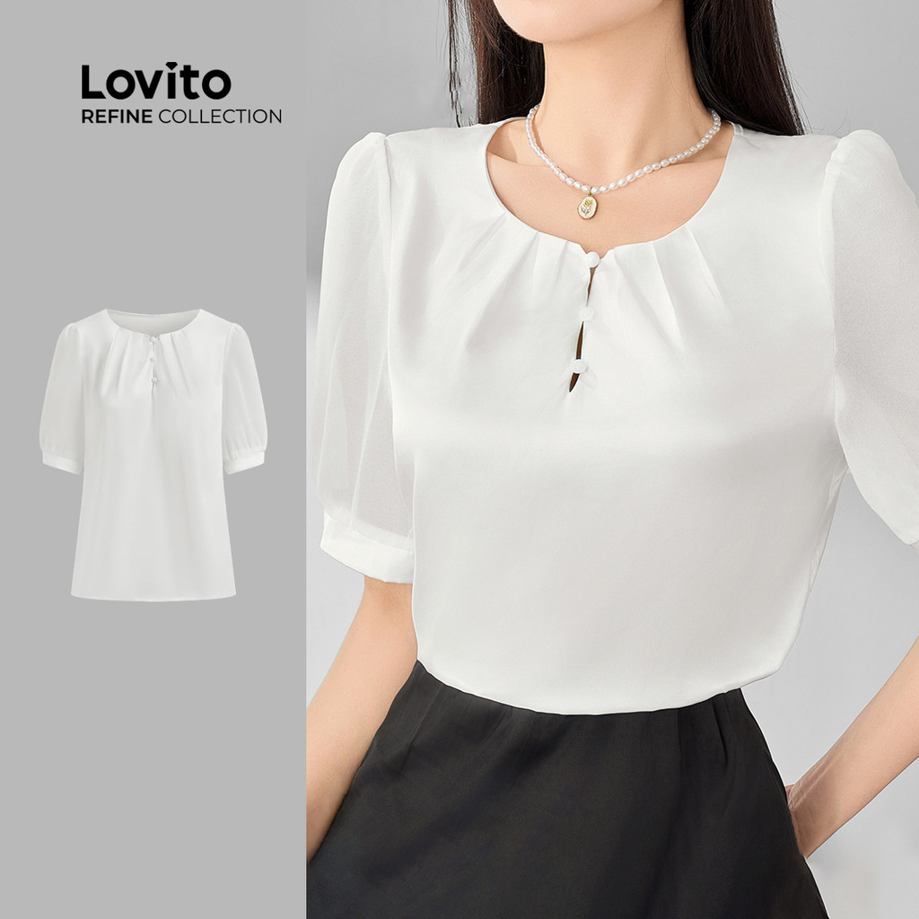 (Lovito Refine) Blusa elegante com costura em tecido Jacquard liso para mulheres LR7ED025 - Women Clothes