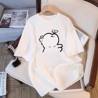 Versão coreana moda feminina dos desenhos animados impresso t-pescoço de manga curta topo solto t-pescoço de manga curta