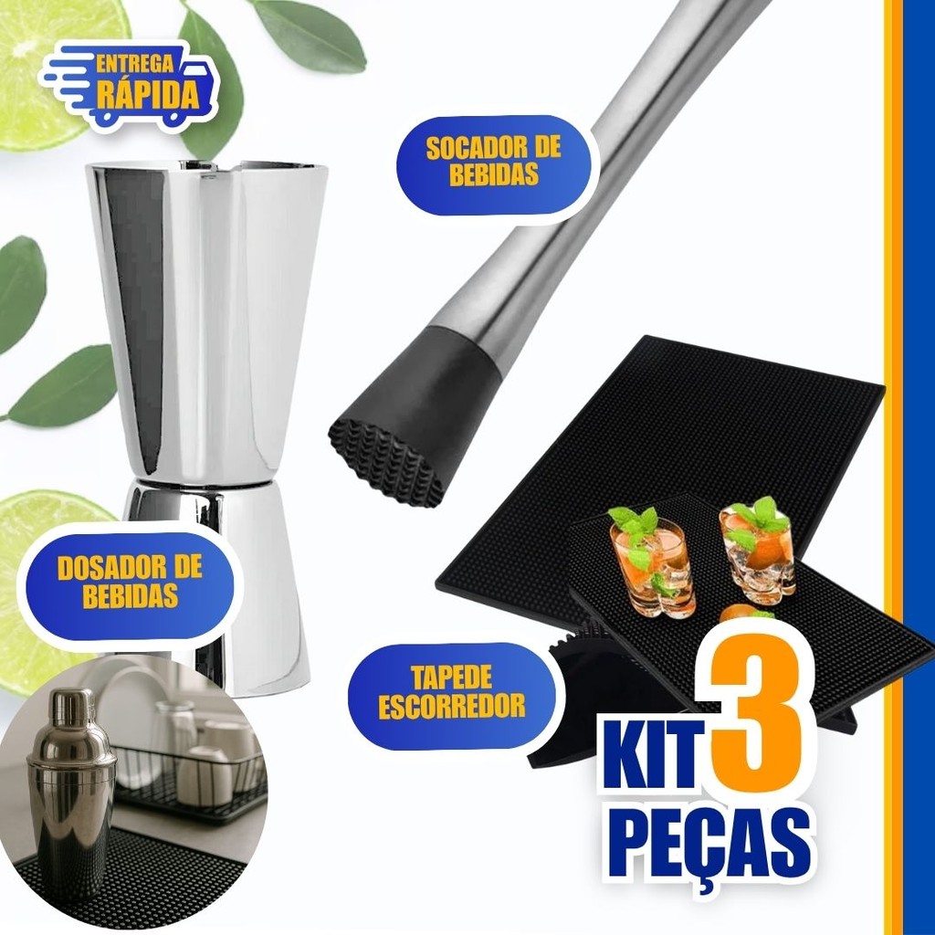 Kit 3 peças Tapete Culinário, Socador, Dosador duplo 25 e 50 ml Inox Bartender Profissional