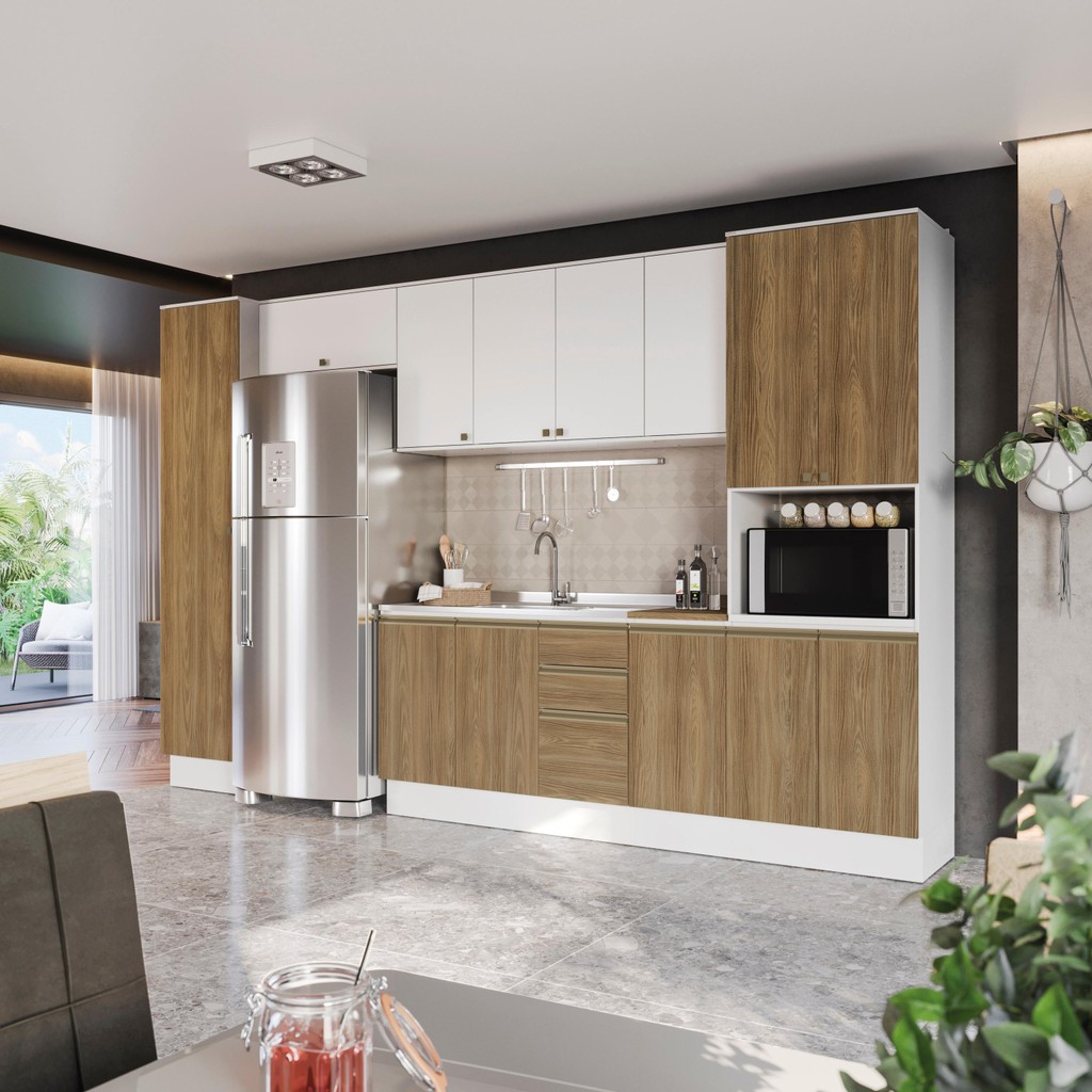 Cozinha Modulada Celeste Kappesberg 100% MDF Branco/Nogueira 8 Peças em Oferta na Shopee