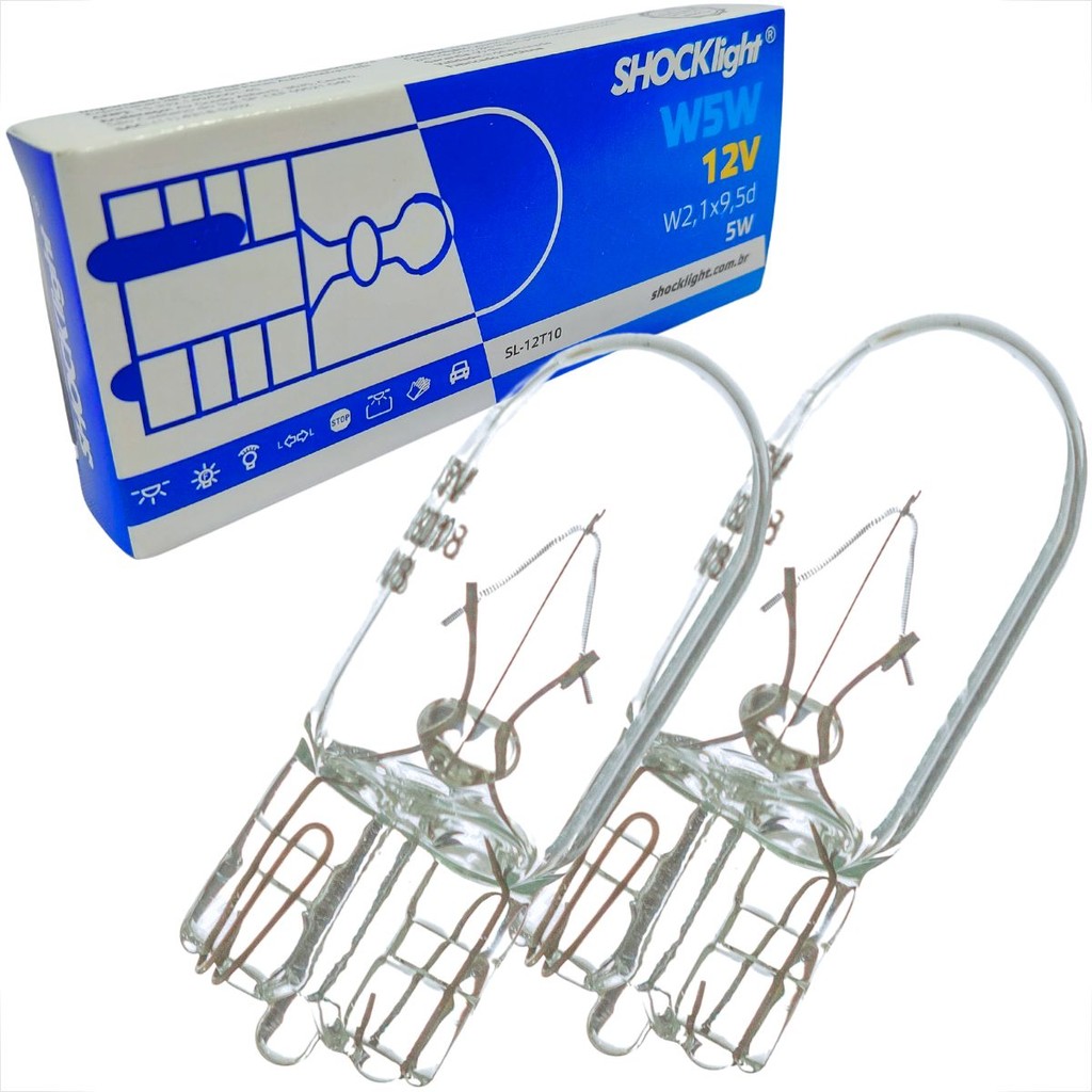 PAR LÂMPADAS PINGÃO T10 12V W2,1 X 9,5D HALOGENA 12V KIT 2 UNIDADES SHOCKLIGHT PARA LANTERNA E PLACA